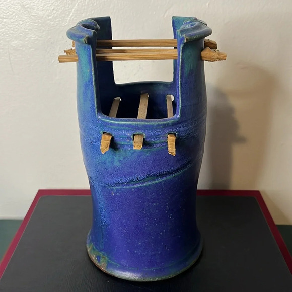 Handmade Blue Artisan Pottery Wooden Peg Flower Frog Utensil Holder Signed Vase - Picture 8 of 8